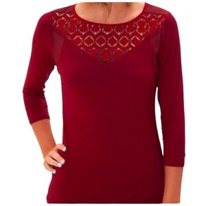 BKE Burgundy Red Laser Cutout Top 3/4 Length Sleeves Soft Stretchy Pullover